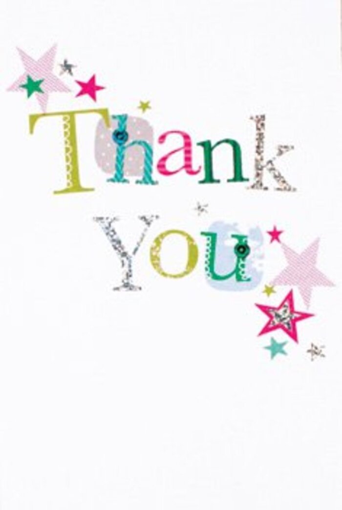 There's a graceful exuberance to this thank you card that speaks to both tradition and the vibrant spirit of South Croydon. Each letter is uniquely crafted: some curve playfully with polka dots and soft stitching, others stand elegantly in surreal hues of turquoise, pink, and dazzling silver. As your fingers trace the surface, you sense a textured print, reminiscent of hand-worked crafts found in the thriving shops between Purley Oaks and South End. Vibrant stars-one striped in pink, others grounded in deep teal or glimmering in metallic silver-cluster like blessings around the central gratitude. The artistry feels modern yet timeless, framed on a flawlessly crisp white background that provides both openness and calm-mirroring the sense of space and renewal you might find walking through South Croydon's parks on a clear morning. There is sophistication here, balanced sweetness without excess, making this card ideal for any occasion demanding warmth-a thank you sent with a bouquet of fresh-cut flowers, its quiet radiance echoing the meaningful connections built in our local community. With each detail, this card becomes more than just paper and ink; it's a keepsake of appreciation, uplifting as a friend's smile and as memorable as the first scent of spring blossoms drifting past an open shop door.